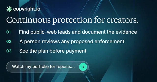 Social ad for copyright.io: "Continuous protection for creators." Agentic glass style, numbered layout, dark palette in blue, black.