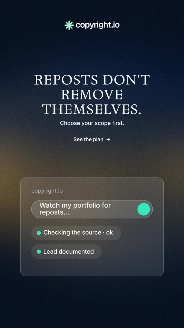 Instagram story for copyright.io: "Reposts don't remove themselves." Minimal luxury style, centred layout, dark palette in black, grey, blue.