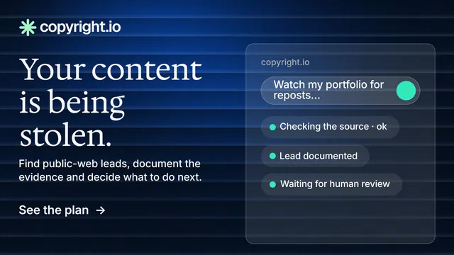 Landscape graphic for copyright.io: "Your content is being stolen." Minimal luxury style, bottom layout, dark palette in black, blue.