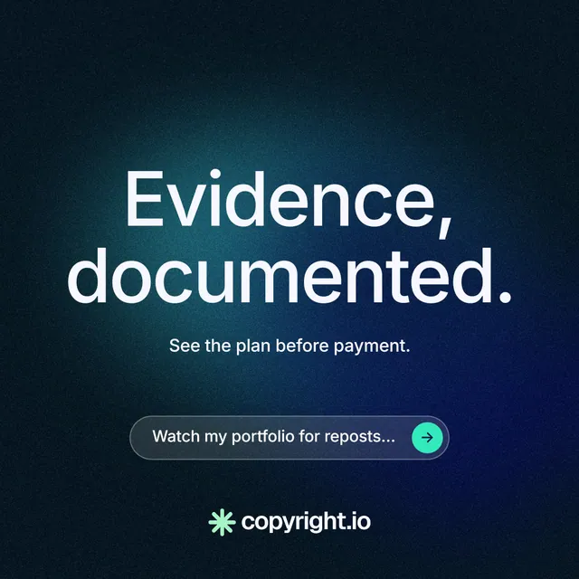Instagram post for copyright.io: "Evidence, documented." Agentic glass style, centred layout, dark palette in blue, black.