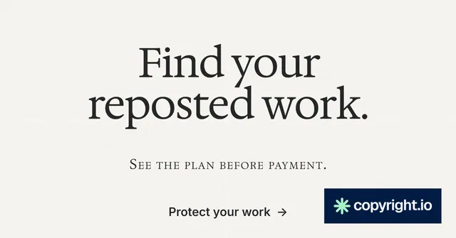 Social ad for copyright.io: "Find your reposted work." Editorial style, smallcaps layout, light palette in white, grey.