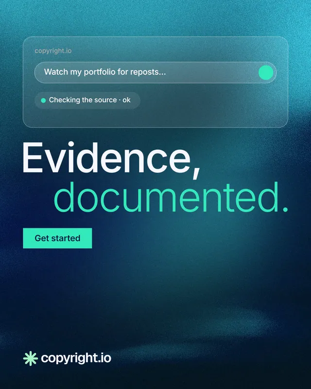 Instagram portrait post for copyright.io: "Evidence, documented." Swiss style, stacked layout, dark palette in black, blue, teal.