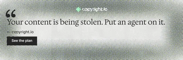 X header for copyright.io: "Reposts don't remove themselves." Swiss style, quote layout, light palette in grey, white.