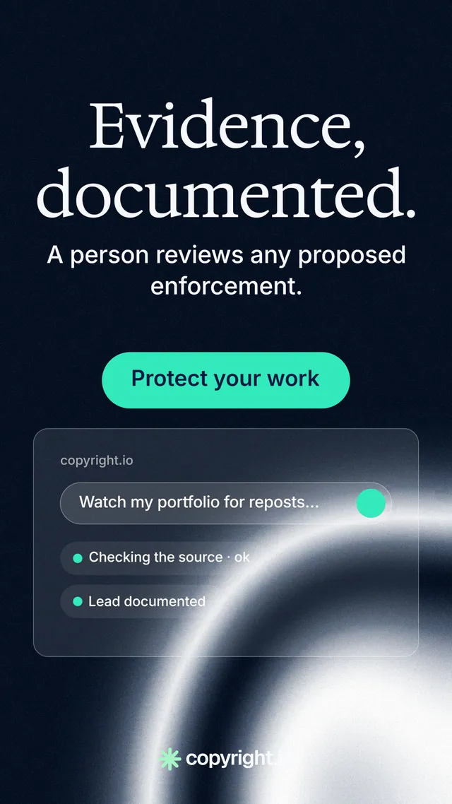 Instagram story for copyright.io: "Evidence, documented." Agentic glass style, skeleton layout, dark palette in black, blue, teal.