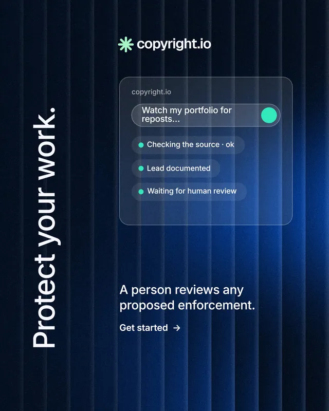 Instagram portrait post for copyright.io: "Protect your work." Minimal luxury style, vertical layout, dark palette in black, blue.
