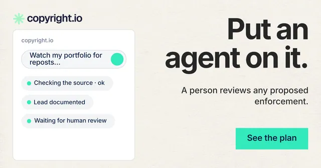Social ad for copyright.io: "Put an agent on it." Swiss style, right layout, light palette in white, grey.