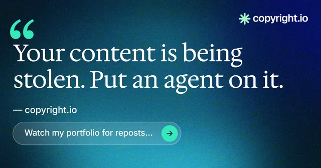 Social ad for copyright.io: "See the plan first." Agentic glass style, quote layout, dark palette in blue, teal.