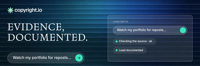 X header for copyright.io: "Evidence, documented." Agentic glass style, bottom layout, dark palette in blue, black.