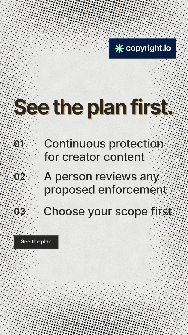 Instagram story for copyright.io: "See the plan first." Swiss style, numbered layout, light palette in grey, white.