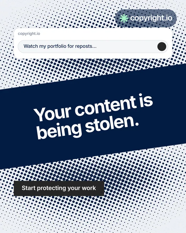 Instagram portrait post for copyright.io: "Your content is being stolen." Swiss style, diagonal layout, light palette in blue, grey, white.