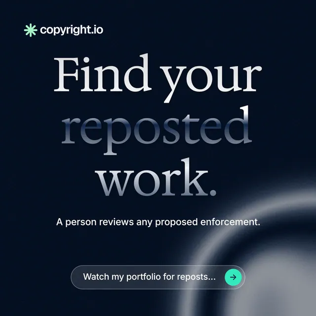 Instagram post for copyright.io: "Find your reposted work." Agentic glass style, centred layout, dark palette in black, blue, grey.