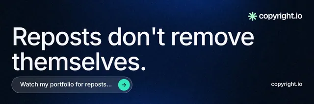 X header for copyright.io: "Reposts don't remove themselves." Agentic glass style, poster layout, dark palette in blue, black, grey.