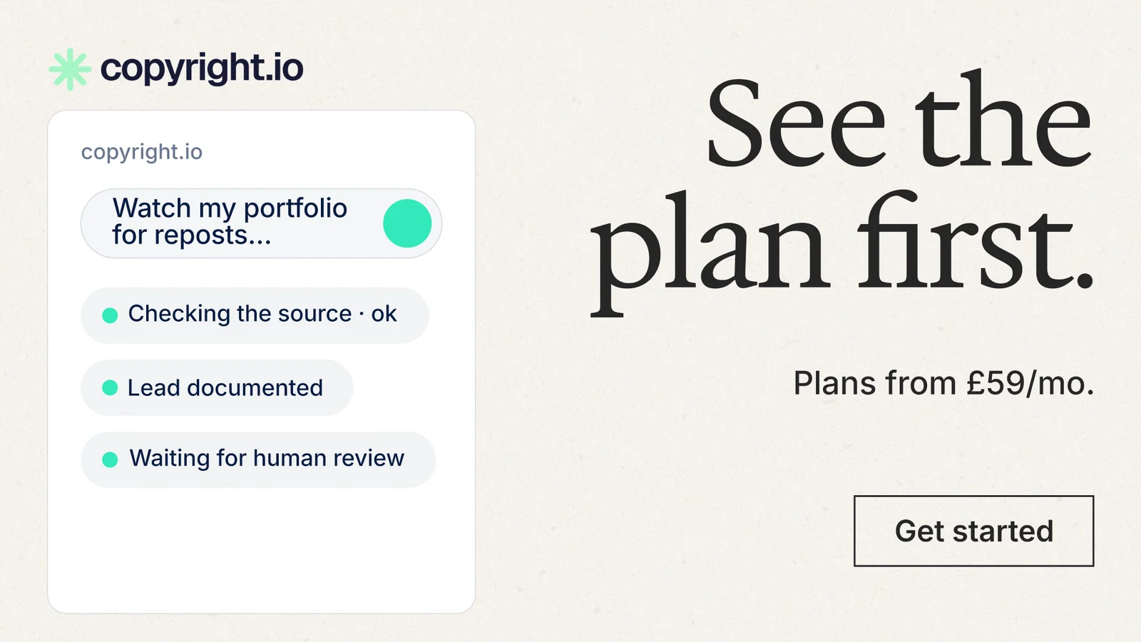 Landscape graphic for copyright.io: "See the plan first." Editorial style, right layout, light palette in white, grey.