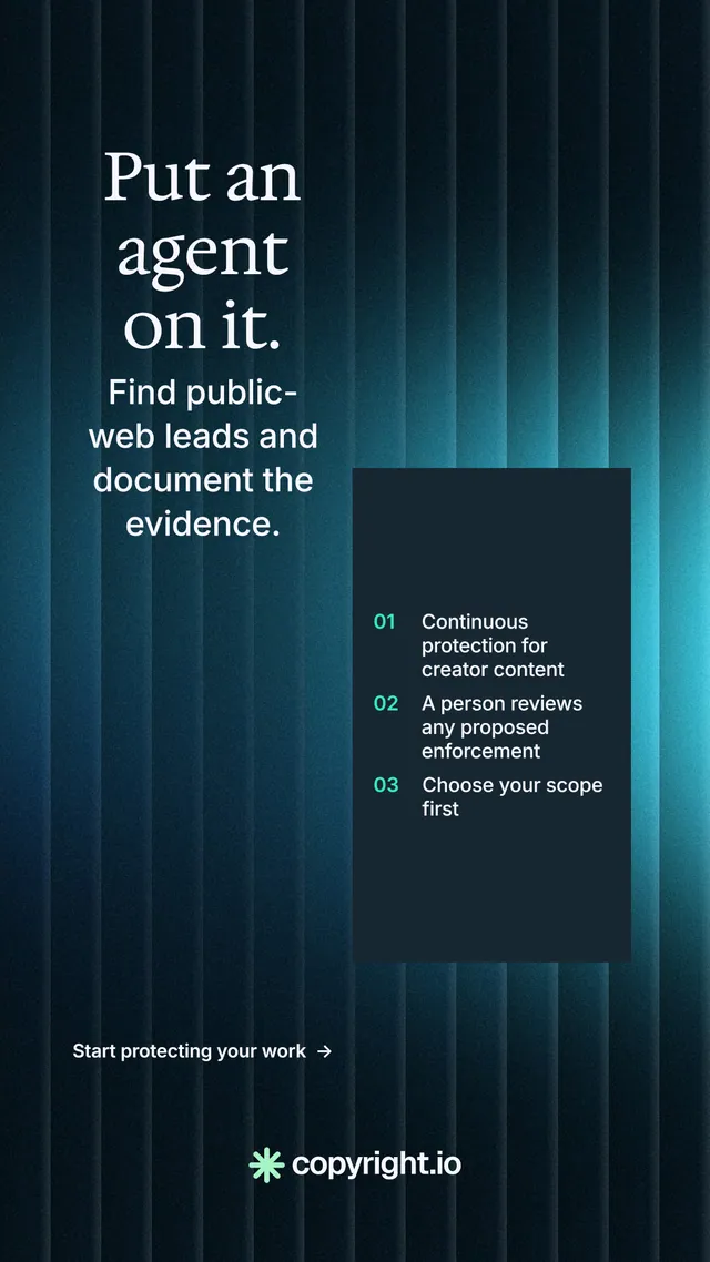 Instagram story for copyright.io: "Put an agent on it." Minimal luxury style, skeleton layout, dark palette in black, blue, teal.