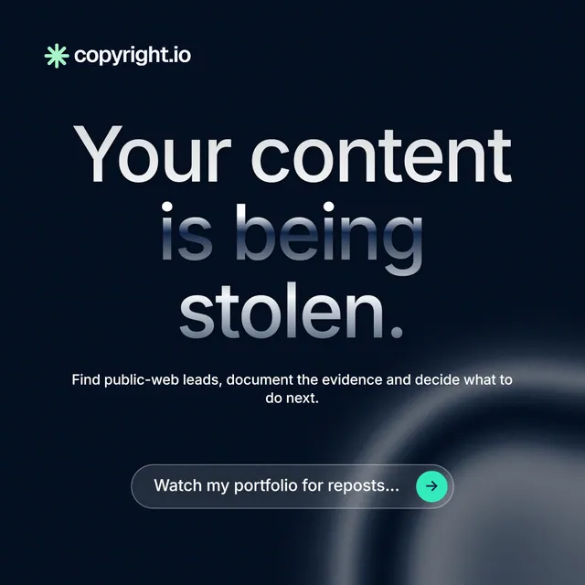 Instagram post for copyright.io: "Your content is being stolen." Agentic glass style, centred layout, dark palette in black, grey.