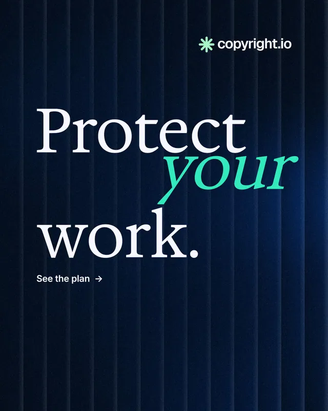 Instagram portrait post for copyright.io: "Protect your work." Minimal luxury style, stacked layout, dark palette in black, blue.