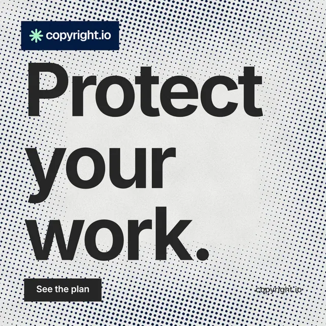 Instagram post for copyright.io: "Protect your work." Swiss style, poster layout, light palette in grey, white.