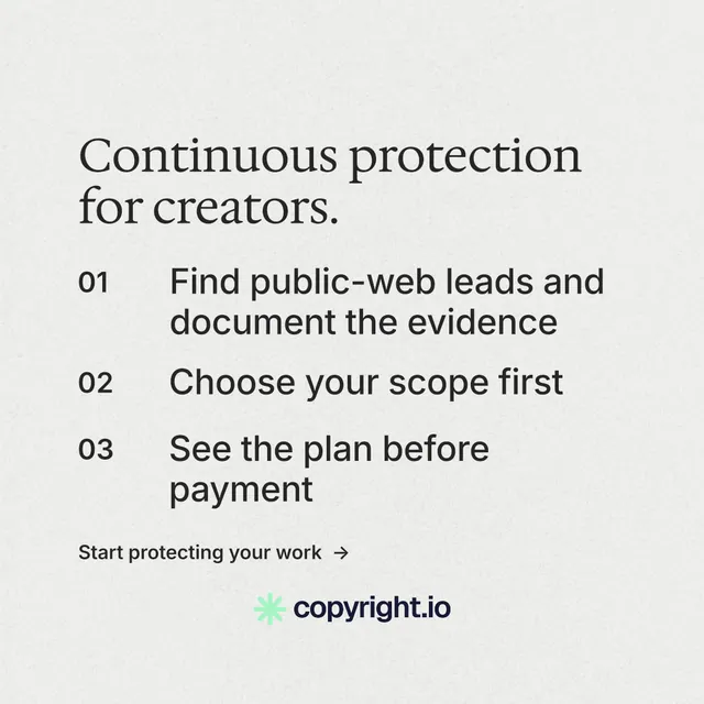 Instagram post for copyright.io: "Continuous protection for creators." Minimal luxury style, numbered layout, light palette in white, grey.