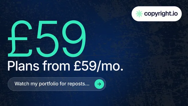 Landscape graphic for copyright.io: "Your content is being stolen." Agentic glass style, stat layout, dark palette in blue, black, teal.