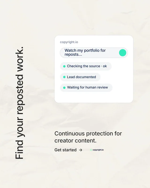 Instagram portrait post for copyright.io: "Find your reposted work." Minimal luxury style, vertical layout, light palette in white.