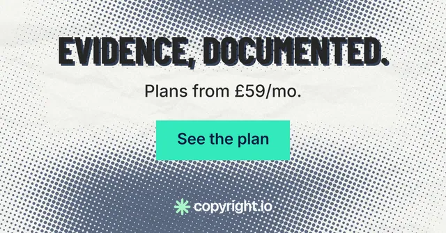Social ad for copyright.io: "Evidence, documented." Retro print style, skeleton layout, light palette in white, grey, teal.