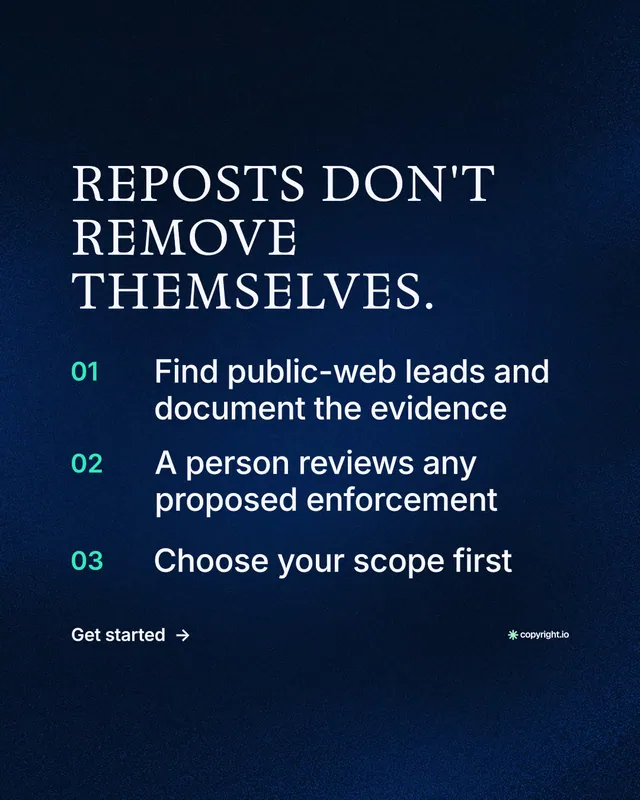 Instagram portrait post for copyright.io: "Reposts don't remove themselves." Minimal luxury style, numbered layout, dark palette in blue, black.