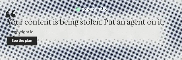 X header for copyright.io: "See the plan first." Retro print style, quote layout, light palette in grey, white.