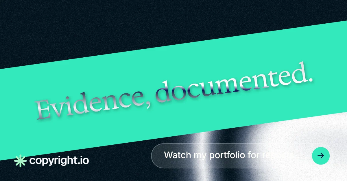 Social ad for copyright.io: "Evidence, documented." Agentic glass style, diagonal layout, light palette in teal, black.