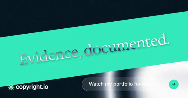 Social ad for copyright.io: "Evidence, documented." Agentic glass style, diagonal layout, light palette in teal, black.
