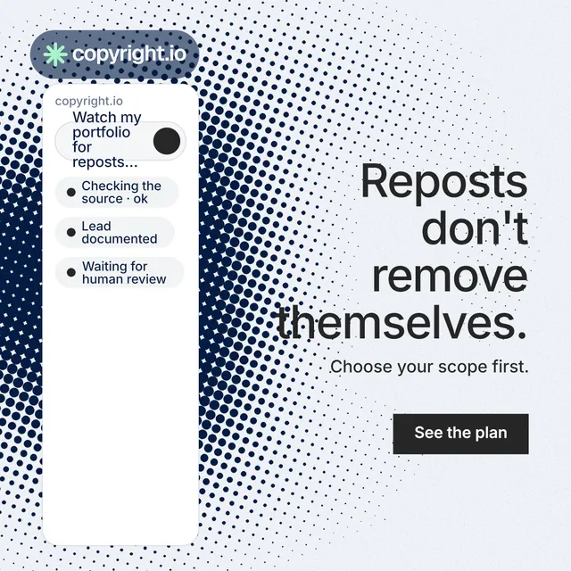 Instagram post for copyright.io: "Reposts don't remove themselves." Split block style, right layout, light palette in white, grey.