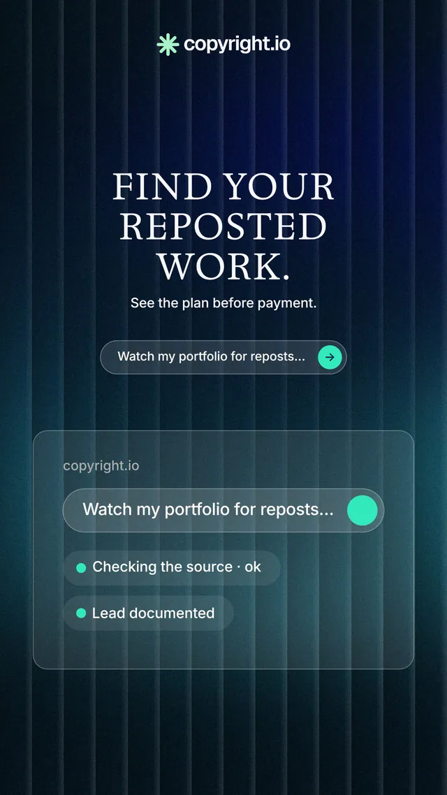 Instagram story for copyright.io: "Find your reposted work." Agentic glass style, centred layout, dark palette in black, blue.