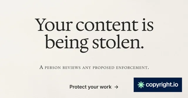 Social ad for copyright.io: "Your content is being stolen." Editorial style, smallcaps layout, light palette in yellow, white, grey.