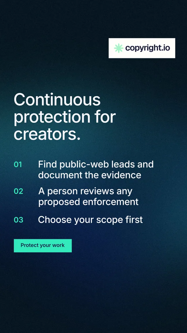 Instagram story for copyright.io: "Continuous protection for creators." Swiss style, numbered layout, dark palette in blue, black.