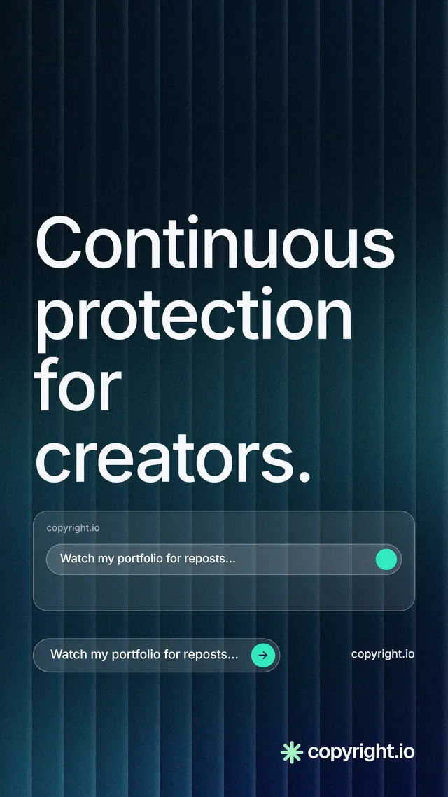 Instagram story for copyright.io: "Continuous protection for creators." Agentic glass style, poster layout, dark palette in black, blue, grey.