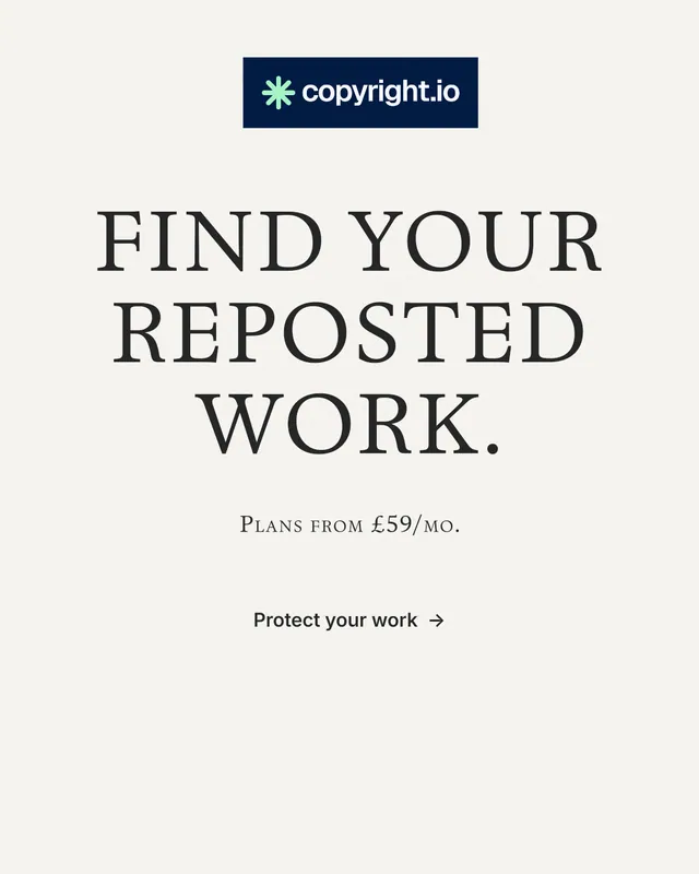 Instagram portrait post for copyright.io: "Find your reposted work." Minimal luxury style, smallcaps layout, light palette in white, grey.