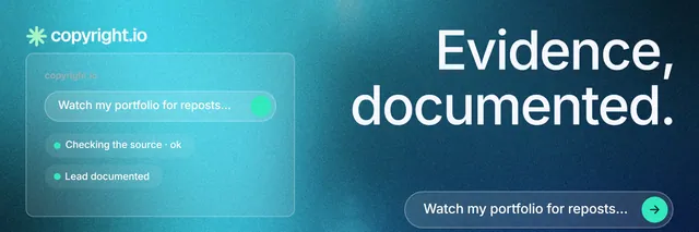 X header for copyright.io: "Evidence, documented." Agentic glass style, right layout, light palette in blue, teal.