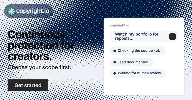 Social ad for copyright.io: "Continuous protection for creators." Swiss style, bottom layout, light palette in blue, grey, white.