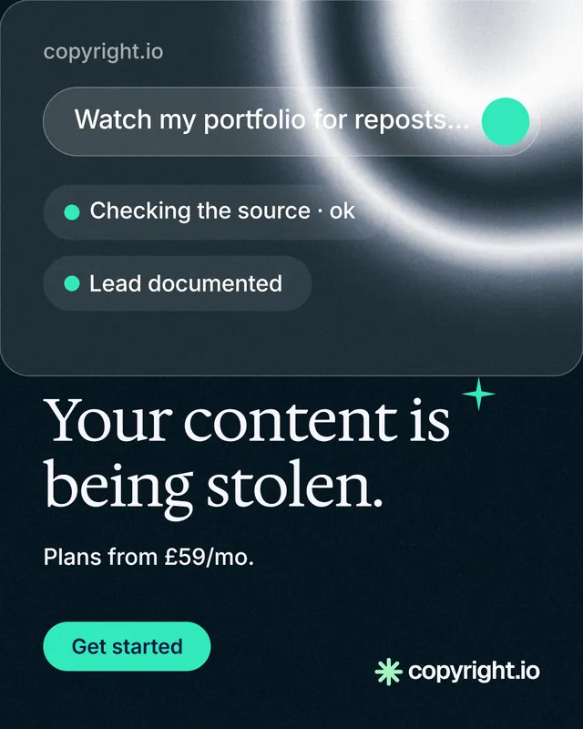 Instagram portrait post for copyright.io: "Your content is being stolen." Y2K style, skeleton layout, dark palette in black, blue, grey.