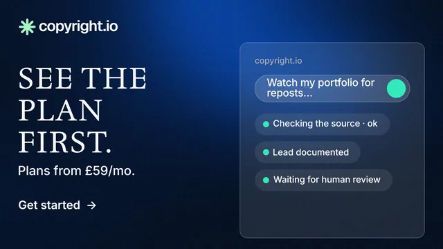Landscape graphic for copyright.io: "See the plan first." Minimal luxury style, bottom layout, dark palette in black, blue.