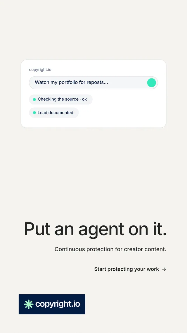 Instagram story for copyright.io: "Put an agent on it." Minimal luxury style, right layout, light palette in white, grey.