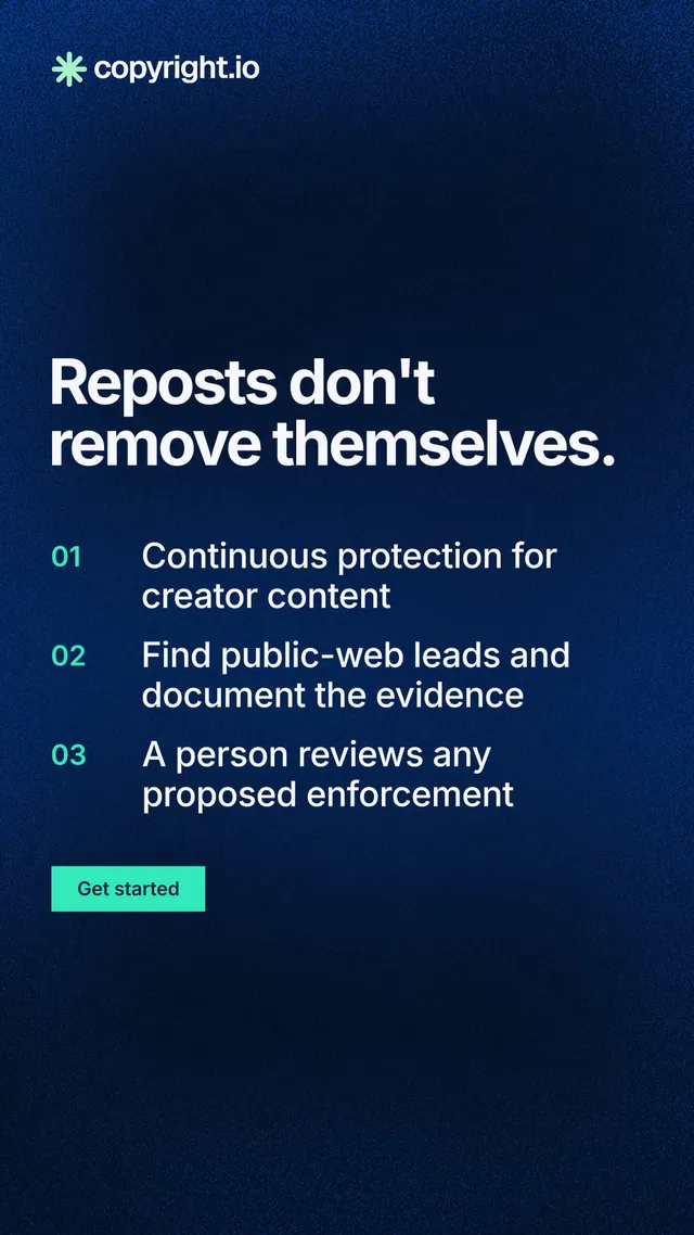 Instagram story for copyright.io: "Reposts don't remove themselves." Swiss style, numbered layout, dark palette in black, blue.