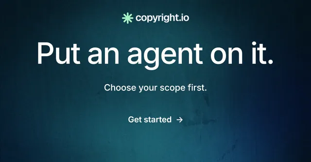 Social ad for copyright.io: "Put an agent on it." Minimal luxury style, centred layout, dark palette in black, blue, teal.