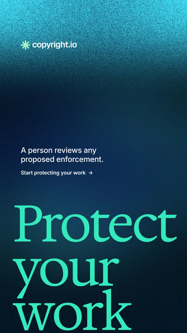 Instagram story for copyright.io: "Reposts don't remove themselves." Minimal luxury style, oversized layout, dark palette in blue, black, teal.