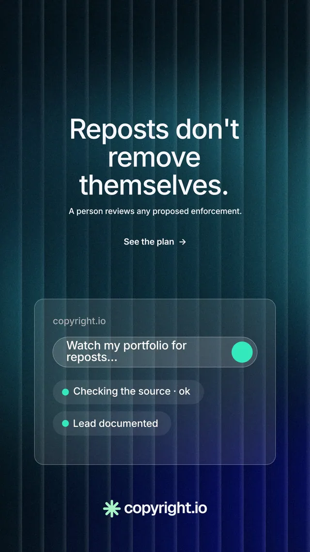 Instagram story for copyright.io: "Reposts don't remove themselves." Minimal luxury style, centred layout, dark palette in black, blue.