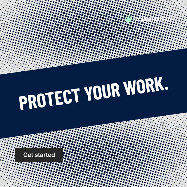 Instagram post for copyright.io: "Protect your work." Retro print style, diagonal layout, light palette in grey, blue.