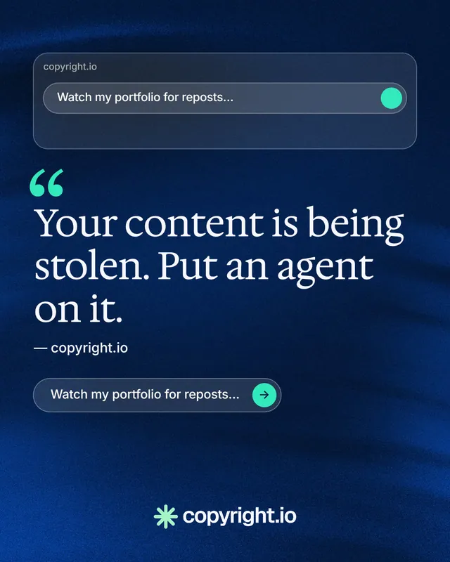 Instagram portrait post for copyright.io: "Put an agent on it." Agentic glass style, quote layout, dark palette in blue.