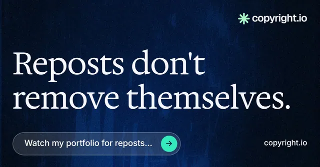 Social ad for copyright.io: "Reposts don't remove themselves." Agentic glass style, poster layout, dark palette in blue, black.