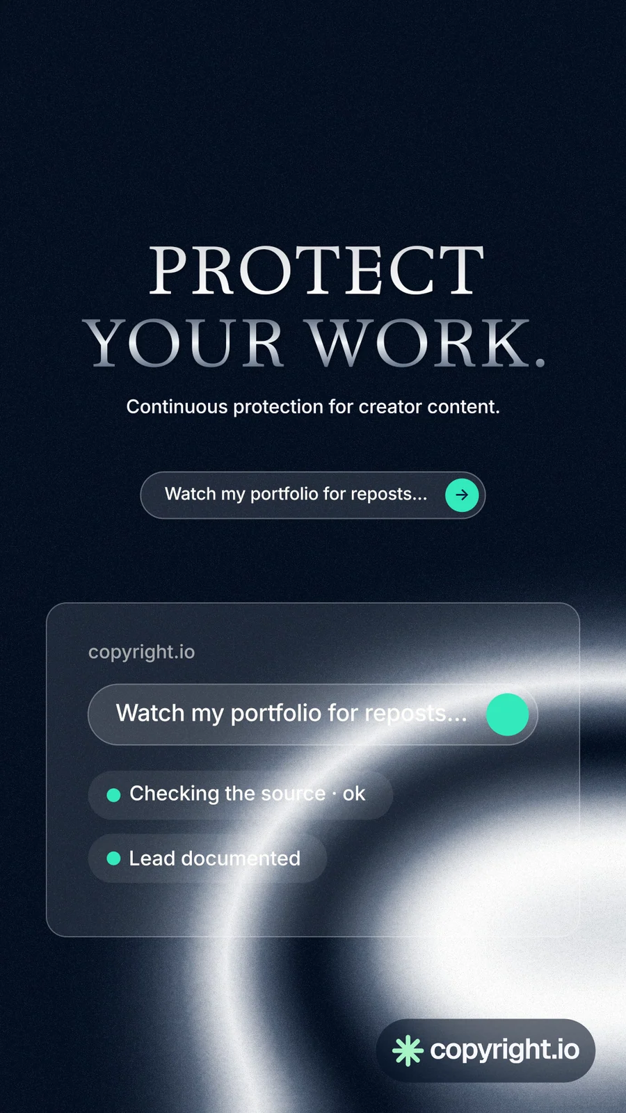 Instagram story for copyright.io: "Protect your work." Agentic glass style, centred layout, dark palette in black, blue, grey.