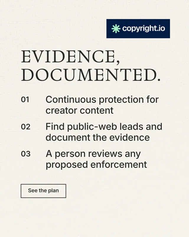 Instagram portrait post for copyright.io: "Evidence, documented." Editorial style, numbered layout, light palette in white, grey.