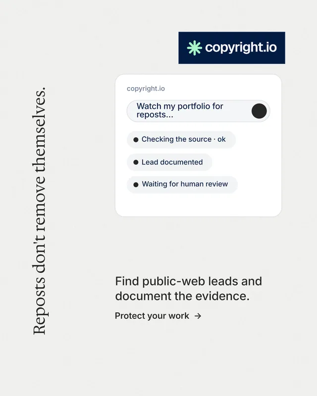 Instagram portrait post for copyright.io: "Reposts don't remove themselves." Minimal luxury style, vertical layout, light palette in white.